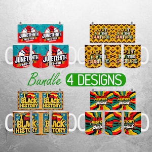 May include: A set of four different designs of 11 oz ceramic mugs. The mugs feature various designs related to Juneteenth and Black History Month. The designs include a red fist with the text "Juneteenth Free-ish Since 1865", a yellow and black geometric pattern with the text "Do It For The Culture", a red, yellow, and green geometric pattern with the text "I Am Black History", and a red, yellow, and green geometric pattern with the text "Black History Period."