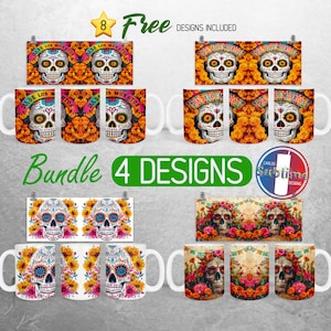 Paquete de envolturas para tazas del Día de los Muertos PNG Diseño de sublimación de tazas de 11 oz y 15 oz de Halloween mexicano Diseños de envolturas para tazas de calaveras de azúcar Envoltura completa para tazas