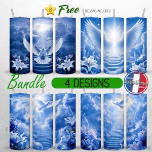 May include: A bundle of eight blue and white sublimation tumblers with various designs. The designs include images of doves, clouds, stairways to heaven, and lilies. The words "Bundle" and "4 Designs" are also visible.