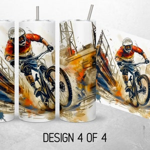 May include: A watercolor illustration of a mountain biker in a red and orange jersey riding a black and white mountain bike down a dirt path. The background is a blurred watercolor of a cityscape.