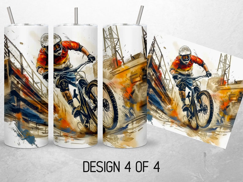 May include: A watercolor illustration of a mountain biker in a red and orange jersey riding a black and white mountain bike down a dirt path. The background is a blurred watercolor of a cityscape.
