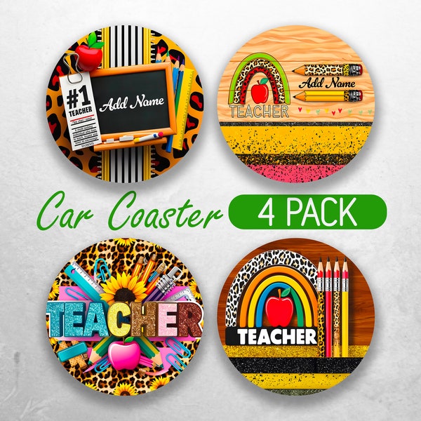 School Teacher Car Coaster PNG Personalized Teacher Car Coaster Sublimation Designs Teacher Appreciation Car Coasters Bundle PNG