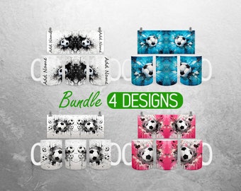 Envoltura de taza con balón de fútbol PNG Diseño de sublimación de taza de 11 oz y 15 oz Diseño de envoltura de taza con nombre de jugador de fútbol Paquete completo de envoltura de taza PNG
