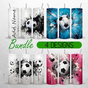 May include: Bundle of four sublimation designs featuring a soccer ball with watercolor splatter effects in black, white, blue, and pink.