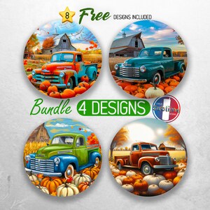 Puede incluir: Cuatro diseños de camionetas vintage con calabazas y follaje de otoño. Las camionetas son rojas, verdes, azules y marrones. Los diseños son perfectos para manualidades y decoraciones de otoño.