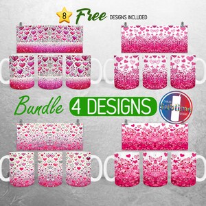 Hearts Valentine Day Mug Wrap Bundle Pink Hearts Mug PNG Design Love Glitter Full Mug Wrap | 11oz and 15oz Mug Sublimation
