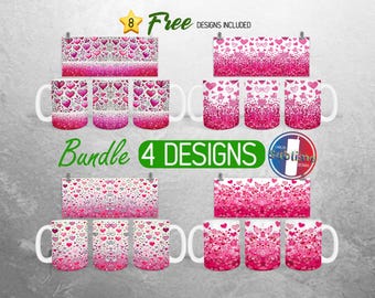 Hearts Valentine Day Mug Wrap Bundle Pink Hearts Mug PNG Design Love Glitter Full Mug Wrap | 11oz and 15oz Mug Sublimation