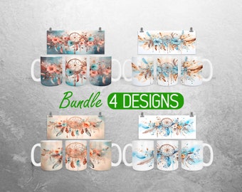 Dreamcatcher Boho 11oz and 15oz Mug Sublimation Design Boho Mug Wrap PNG Floral Dreamcatcher Mug Wrap Designs Full Mug Wrap Bundle Cup