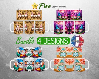 Cute Gnomes Mug Wrap PNG Coffee Gnome 11oz and 15oz Mug Sublimation Design Hippie Gnome with Flowers Mug Wrap Designs Full Mug Wrap Bundle