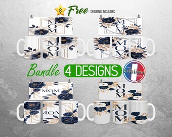 Pacchetto di tazze per la festa della mamma Tazza floreale per mamma PNG Design Tazza completa per mamma / Tazza da 11 once e 15 once Sublimazione