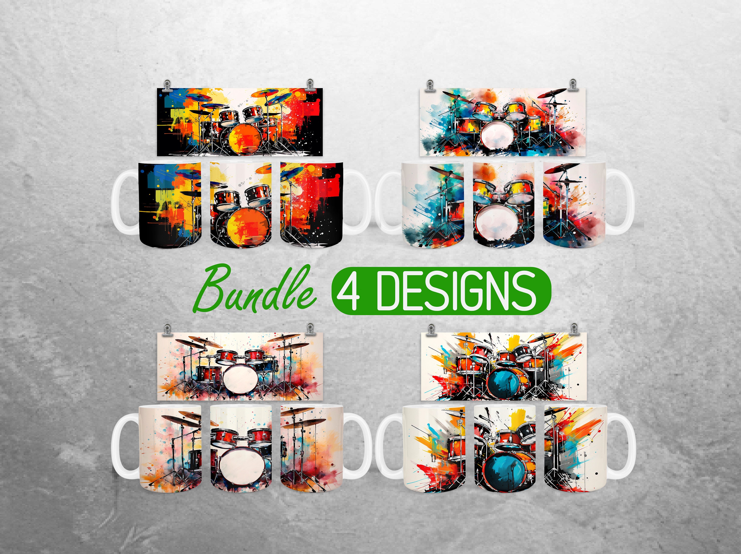 Drum Set Mug Wrap PNG Drum Music 11oz and 15oz Mug Sublimation Design Musician Band Mug Wrap Designs Full Mug Wrap Bundle Cup PNG
