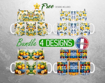 Watercolor Lemons Mug Wrap PNG Bundle Mediterranean Tile 11oz and 15oz Mug Sublimation Design Ceramic Summer Mug Wrap Designs Full Mug Wrap