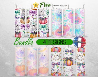 Cute Pumpkin Ghost Tumbler Wrap 20oz Bundle Halloween Coquette Bow Tumbler PNG Iridescent Spiderweb Bats 20oz Seamless Sublimation Design