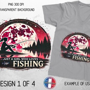 Op de afbeelding: Een digitaal ontwerp met een silhouet van een persoon die vist onder een rode maan met de tekst "Just a girl who loves fishing".