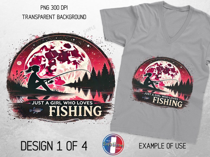 Op de afbeelding: Een digitaal ontwerp met een silhouet van een persoon die vist onder een rode maan met de tekst "Just a girl who loves fishing".