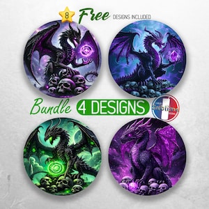 May include: A set of four round stickers featuring a purple and black dragon with glowing green eyes. The dragon is surrounded by skulls and a swirling green orb. The stickers are perfect for adding a touch of fantasy to your laptop, water bottle, or other belongings.