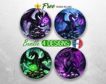 Dragon and Skulls Car Coaster PNG Bundle Purple Dragon Coaster Png Sublimation Dragon Themed Round Coasters PNG Gothic Coasters Designs