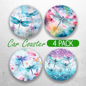 Watercolor Dragonfly  Car Coaster PNG Dragonflie Car Coaster Sublimation Designs Flower Dandelion Car Coaster Designs Car Coasters Bundle