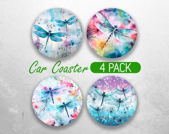 Watercolor Dragonfly  Car Coaster PNG Dragonflie Car Coaster Sublimation Designs Flower Dandelion Car Coaster Designs Car Coasters Bundle
