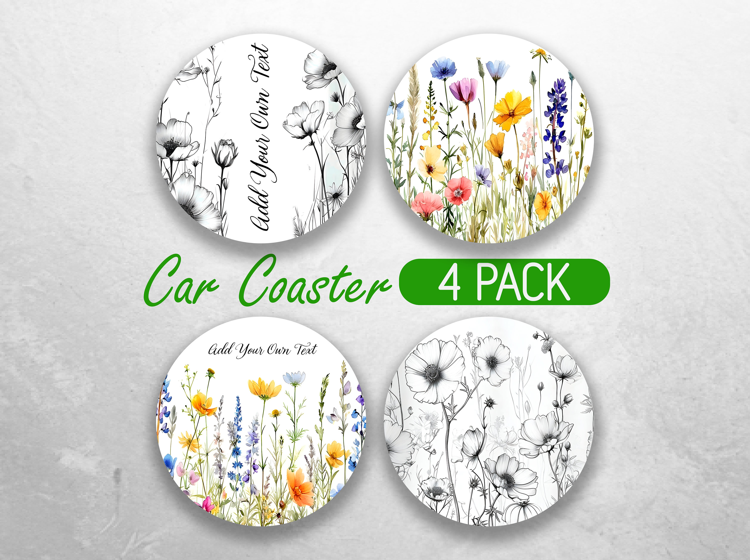 WildFlower Car Coaster PNG Floral Spring Car Coaster Sublimation Designs Add Your Own Text Car Coaster Designs Car Coasters Bundle