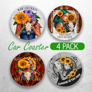 Women Western Car Coaster PNG Sunflower CowGirl Car Coaster Sublimation Designs Daily Affirmations Car Coaster Designs Car Coasters Bundle