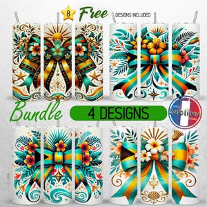 Peut inclure: Un lot de quatre gobelets à sublimation de 590 ml avec des motifs floraux et des nœuds colorés. Chaque gobelet présente un motif unique avec des accents turquoise, dorés et oranges. Le texte "Bundle" et "4 Designs" sont visibles.
