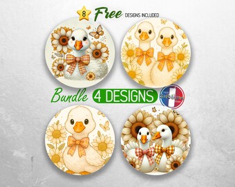 Cute Floral Goose Car Coaster PNG Bundle Coquette Bow Geese Car Coaster Sublimation Designs Flower Baby Goose Car Coaster Designs