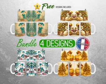 May include: A collection of ceramic mugs with festive holiday designs. The mugs feature illustrations of geese and ducks in winter attire, Christmas trees, and gift boxes. The image also includes the text "Bundle 4 Designs" and "Free Designs Included".