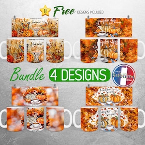 Könnte beinhalten: Ein Bundle mit 4 Designs für Sublimationsbecher mit Herbstthema mit Kürbissen, Blättern und dem Text "Pumpkin Spice Season".