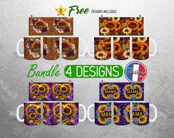 Trendy Mama Sunflower Mug Wrap Bundle Mother's Day Mug PNG Design Leopard Print Mama Full Mug Wrap | 11oz and 15oz Mug Sublimation