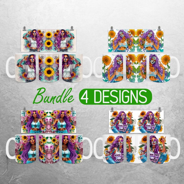 Colorful Sugar Skull Mug Wrap PNG, Floral Day of the Dead Sublimation Design for 11oz and 15oz Coffee Mugs, PNG Digital Download