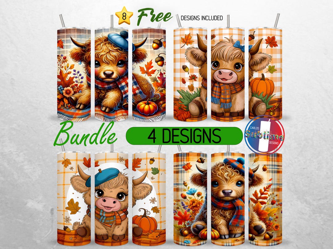 Highland Cow Tumbler Wrap Bundle Cute Cow 20oz Tumbler PNG Fall Tumbler ...