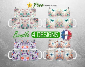 Beautiful Butterfly Mug Wrap Bundle Flowers and Butterflies Mug PNG Design Pink Teal Wildflower Full Mug Wrap | 11oz & 15oz Mug Sublimation