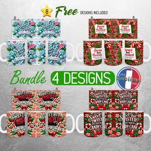 May include: A set of eight 11-ounce sublimation mugs featuring four different designs. The mugs are white with a red and green candy cane design. The text on the mugs reads "Sweet but Twisted" and "Does that make me a candy cane".