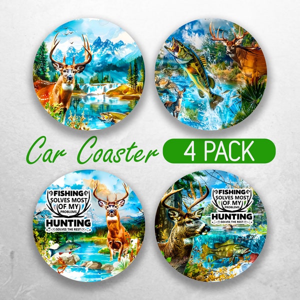 Fishing Hunting Car Coaster Design, Deer Fish Sublimation PNG, Outdoor Themed Car Accessory, Unique Drink Coaster Printable File