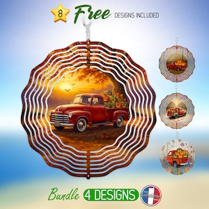 May include: A decorative wind spinner featuring a red vintage truck filled with pumpkins, set against a fall landscape. The design includes the text "Free Designs Included" and "Bundle 4 Designs".