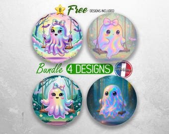 Irisdescent Cute Halloween Ghost Car Coaster PNG Bundle Ghost in the Swing Coaster Sublimation Designs Trendy Spooky Season Coaster Designs