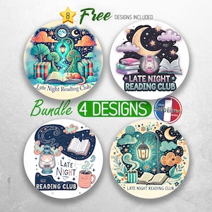Late Night Reading Club Car Coaster PNG Bundle Book Lover Car Coaster Sublimation Designs Bookish Bookworm Car Coaster Designs