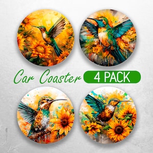 Hummingbird Car Coaster PNG Watercolor Sunflower Car Coaster Sublimation Designs Humming Bird Car Coaster Bundle Car Coaster Designs
