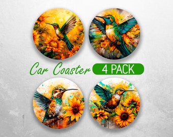 Hummingbird Car Coaster PNG Watercolor Sunflower Car Coaster Sublimation Designs Humming Bird Car Coaster Bundle Car Coaster Designs