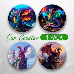 Könnte beinhalten: Set mit vier bunten Auto-Untersetzern mit Drachen in verschiedenen Posen. Die Untersetzer sind rund und haben eine glänzende Oberfläche.