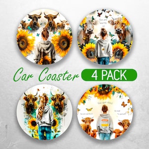 Sunflower Motivational Car Coaster PNG Highland Cow Coasters Sublimation Designs Western Car Coaster Designs Car Coasters Bundle