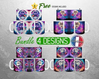 Wolf Boho Dreamcatcher Mug Wrap Bundle Floral Wolf Mug PNG Design Full Moon Dreamcatcher Mug Wrap | 11oz and 15oz Mug Sublimation