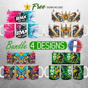 May include: A set of eight sublimation mugs featuring four different designs. The designs include a BMX rider with the words "BMX for Life" in a colorful paint splatter design, a BMX rider in a colorful abstract design, a BMX rider in a green and black design, and a BMX rider in a blue and yellow design.