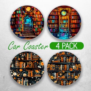 Books and Flowers Car Coaster PNG Bookshelf Reading Book Car Coaster Sublimation Designs  Book Lover Car Coaster Designs Car Coasters Bundle