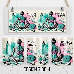 May include: White ceramic mug with a colourful design featuring a skeleton in a yoga pose, dumbbells, and the text "Physical Therapy".