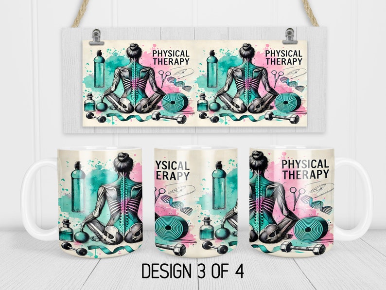 May include: White ceramic mug with a colourful design featuring a skeleton in a yoga pose, dumbbells, and the text "Physical Therapy".