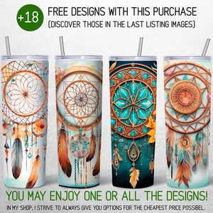 May include: Four stainless steel tumblers with different dreamcatcher designs. Each tumbler features a unique color scheme and intricate details. The tumblers are perfect for holding beverages and adding a touch of bohemian style to any occasion.