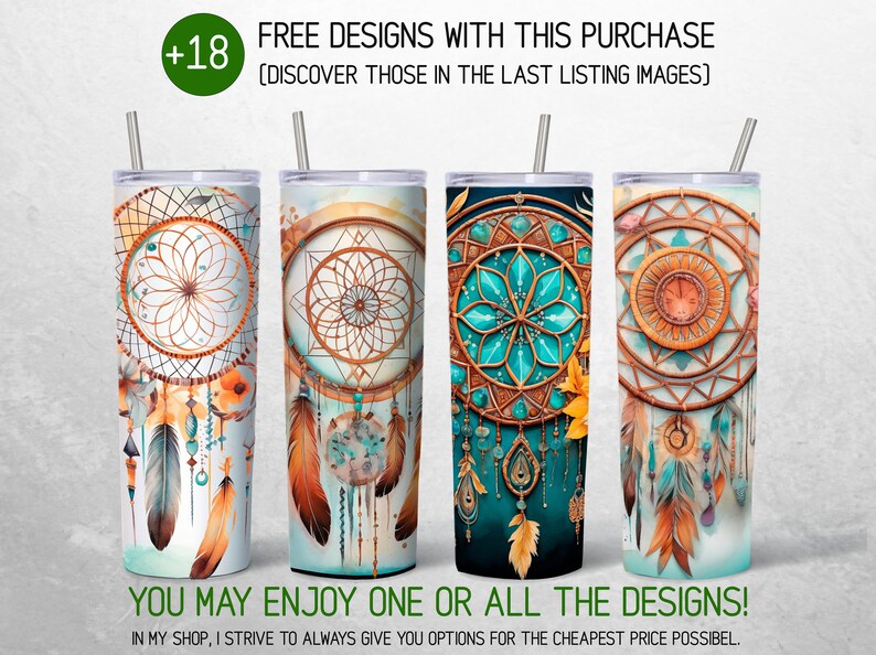 May include: Four stainless steel tumblers with different dreamcatcher designs. Each tumbler features a unique color scheme and intricate details. The tumblers are perfect for holding beverages and adding a touch of bohemian style to any occasion.