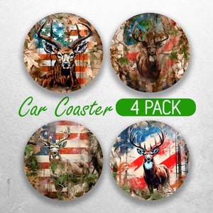 May include: Set of four car coasters featuring a deer with antlers standing in front of an American flag with camouflage background. The coasters are round and have a 4 PACK label.
